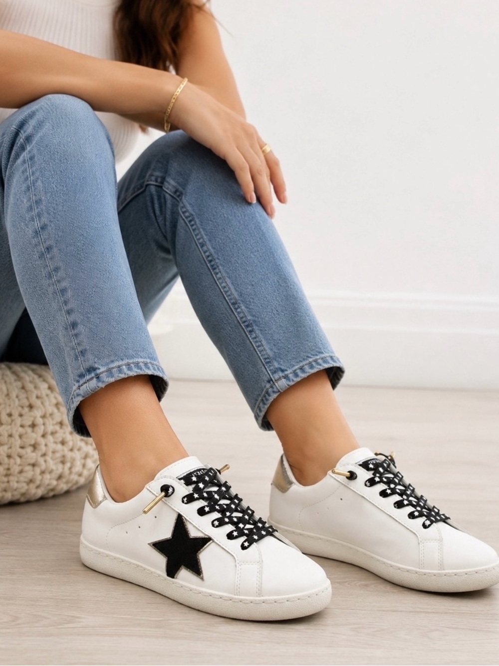 vintage Havana’s White Leather Star Accent Sneakers with Black Star